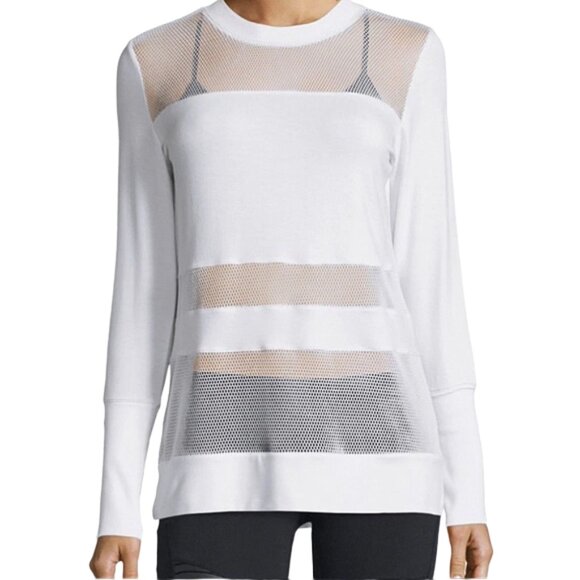 Alo Yoga White Mesh Panel Long Sleeve Crewneck Plank Formation Activewear Top M - Picture 1 of 10